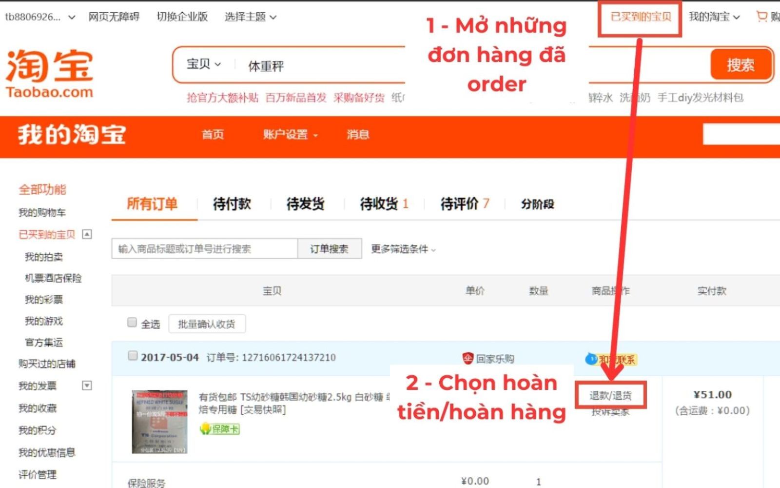 Chọn đơn hàng cần khiếu nại