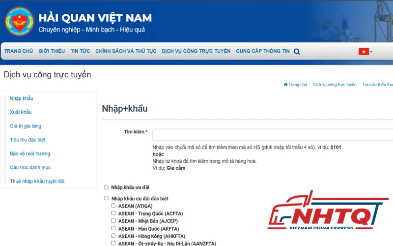 Tra cứu trên website custom.gov.vn