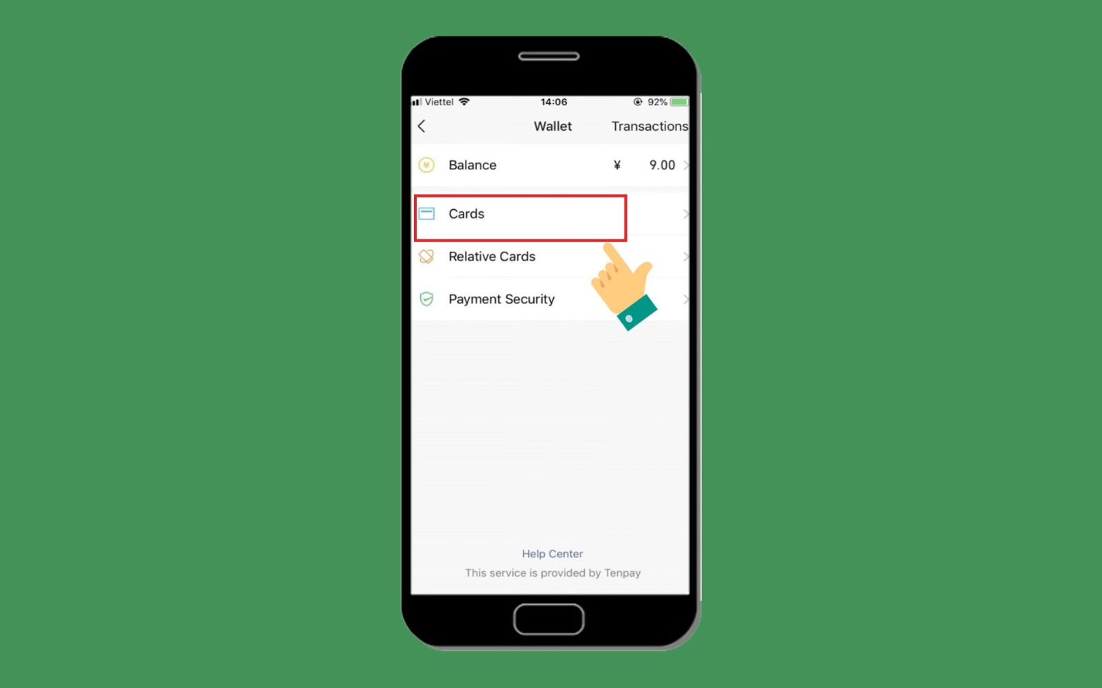 Chọn Cards để thêm thẻ ngân hàng