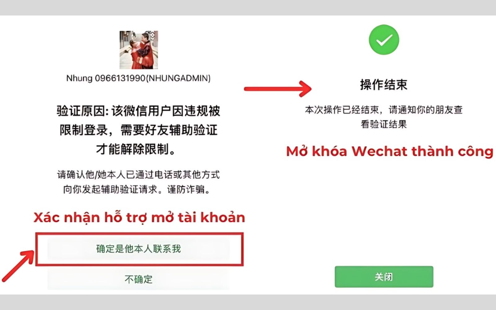 Quá trình thực hiện mở khoá tài khoản Wechat hoàn tất