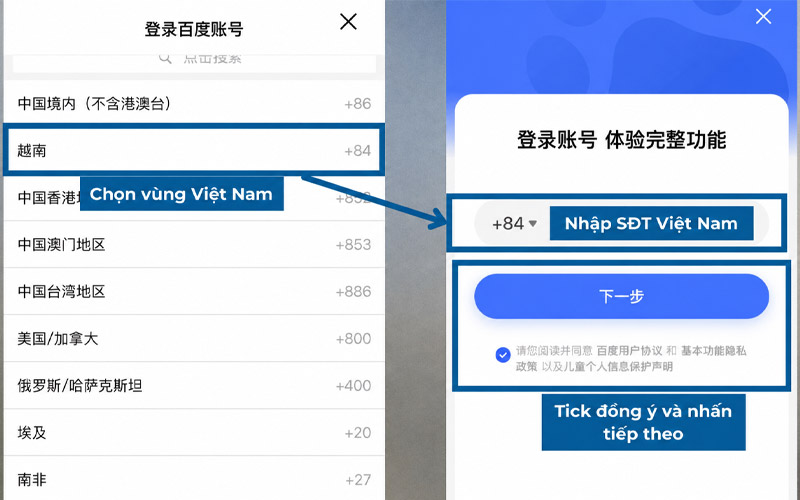 Chuyển mã vùng sang +84 và nhập số điện thoại