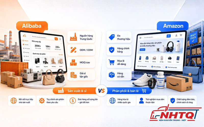 Alibaba có nguồn hàng sỉ Trung Quốc còn Amazon thì có nhiều sản phẩm thương hiệu