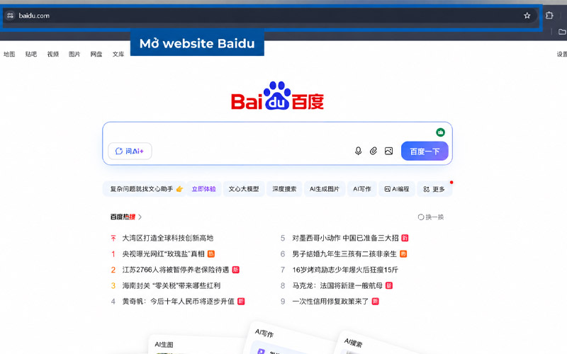 Truy cập trang chủ Baidu trên trình duyệt máy tính